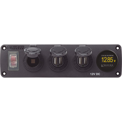 Blue Sea 4368 Water Resistant USB Accessory Panel  12V Socket 2x 21A Dual USB Chargers Mini Voltmeter 4368