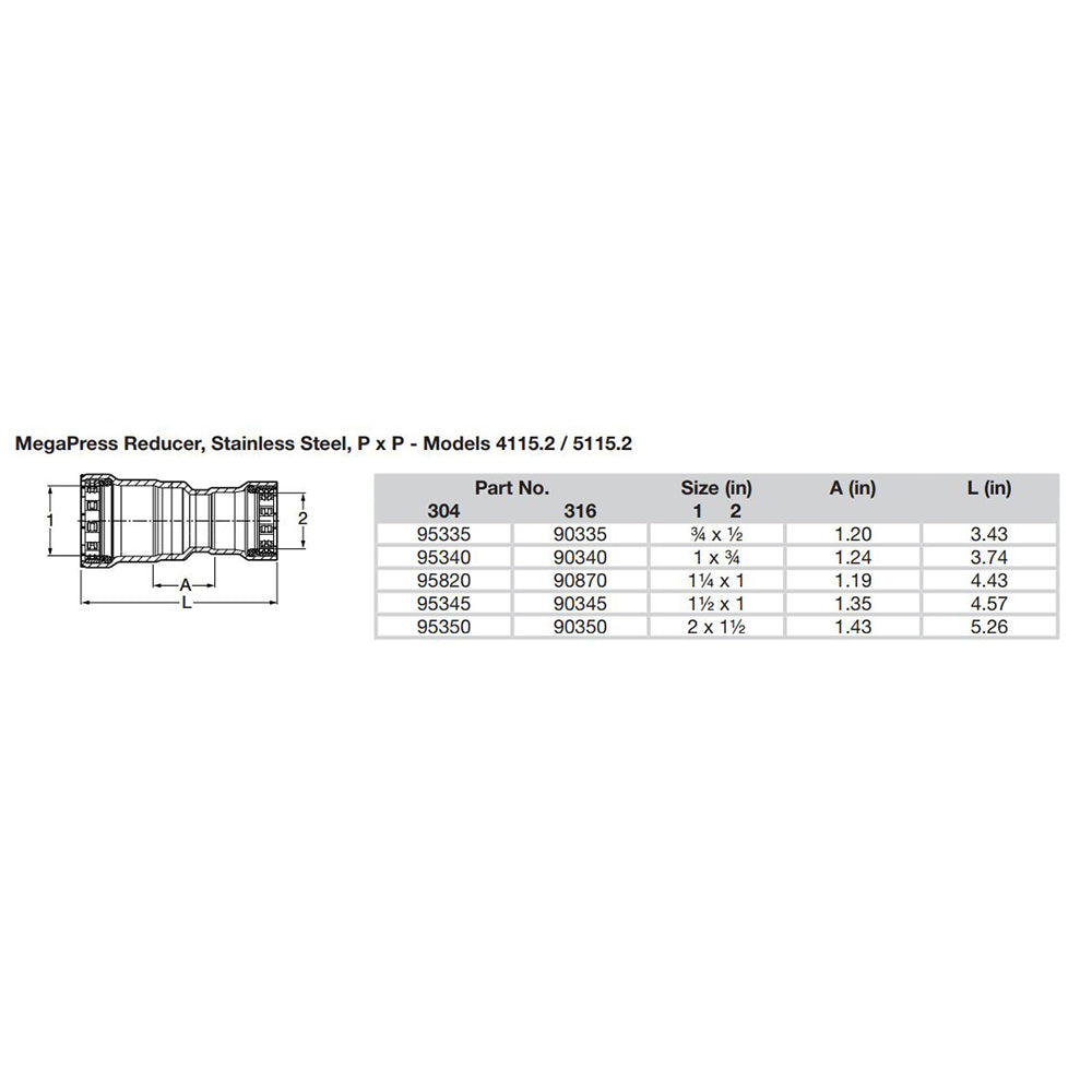 Viega MegaPress 112 x 1 Stainless Steel 304 Reducer  Double Press Connection  Smart Connect Technology 95345